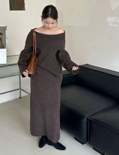 High Quality Knitted Off Shoulder Pullover With Long Skirts